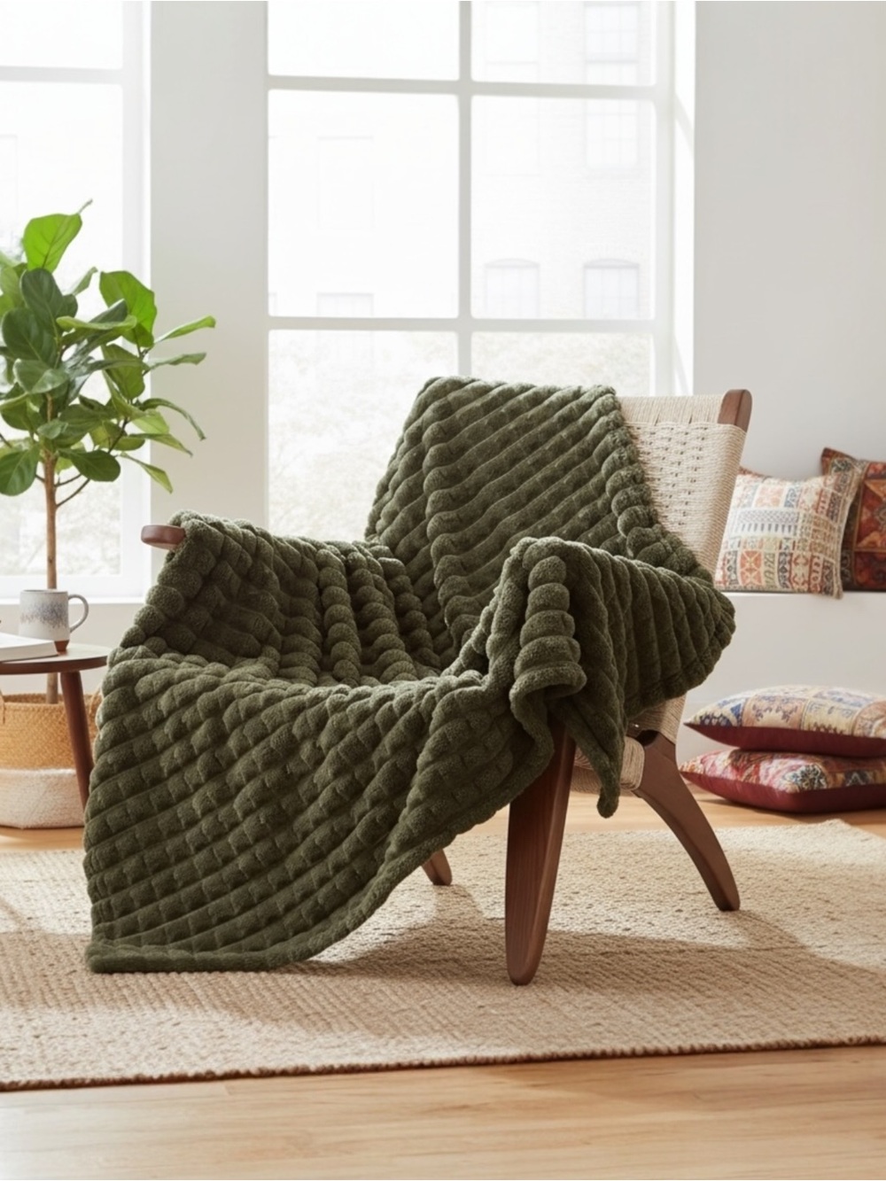 NEW West Elm Boho Dark Green Sherpa Ultra Soft Throw Blanket Bedding - 60" x 50"